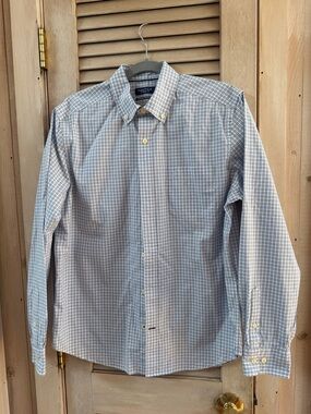 Nautica Men’s Classic Fit Light Blue and White Checked Button-Down Shirt Medium